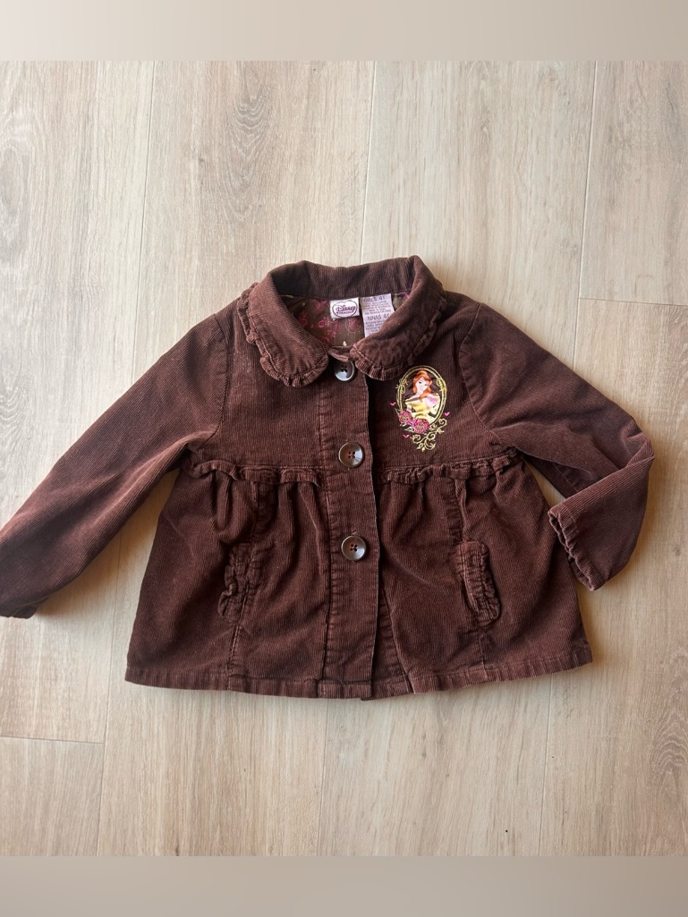Vintage Y2K Disney Belle Girls' Brown Corduroy Button Jacket with Princess Patch